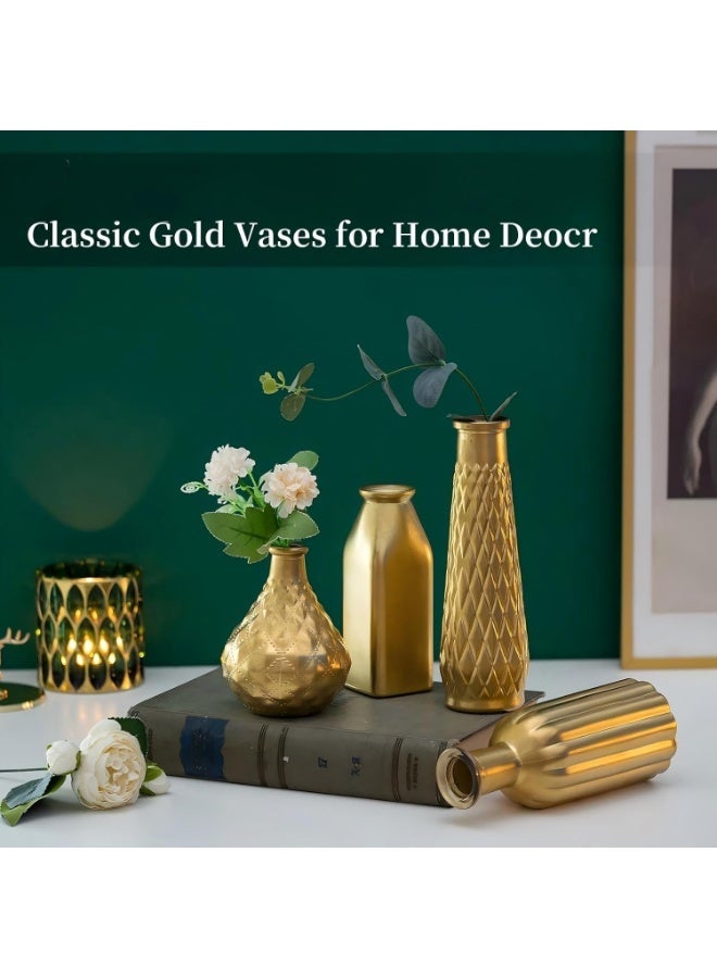Bukela Gold Vase Set for Flowers, Small Glass Vases, Vintage Flower Bottle for Living Room Kitchen Table Centerpieces, 4 Aesthetic Decorative Golden Modern Home Decor for Floral - Image 3